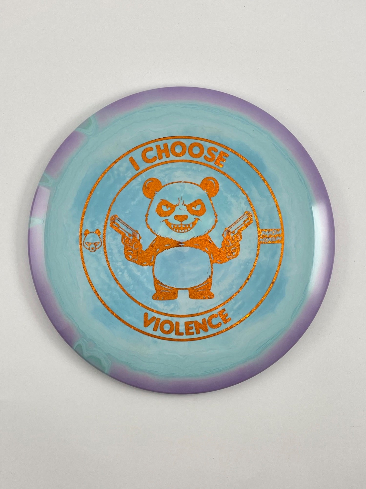Discraft Cigarra disc golf fairway driver in blue and purple ESP plastic with Pandamonium I Choose Violence stamp