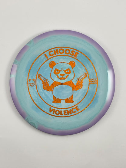 Discraft Cigarra disc golf fairway driver in blue and purple ESP plastic with Pandamonium I Choose Violence stamp