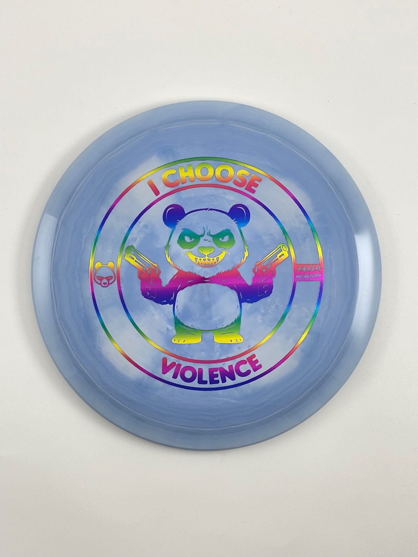 Discraft Cigarra disc golf fairway driver in blue swirl ESP plastic with Pandamonium I Choose Violence stamp