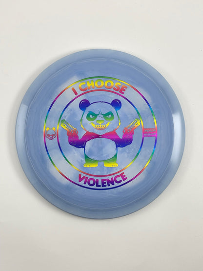 Discraft Cigarra disc golf fairway driver in blue swirl ESP plastic with Pandamonium I Choose Violence stamp