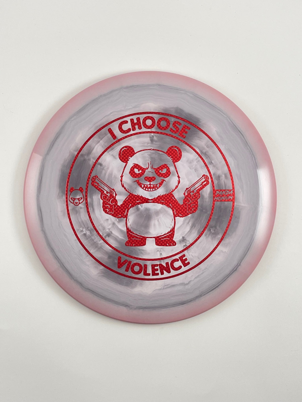 Discraft Cigarra disc golf fairway driver in gray and pink swirl ESP plastic with Pandamonium I Choose Violence stamp