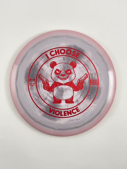 Discraft Cigarra disc golf fairway driver in gray and pink swirl ESP plastic with Pandamonium I Choose Violence stamp