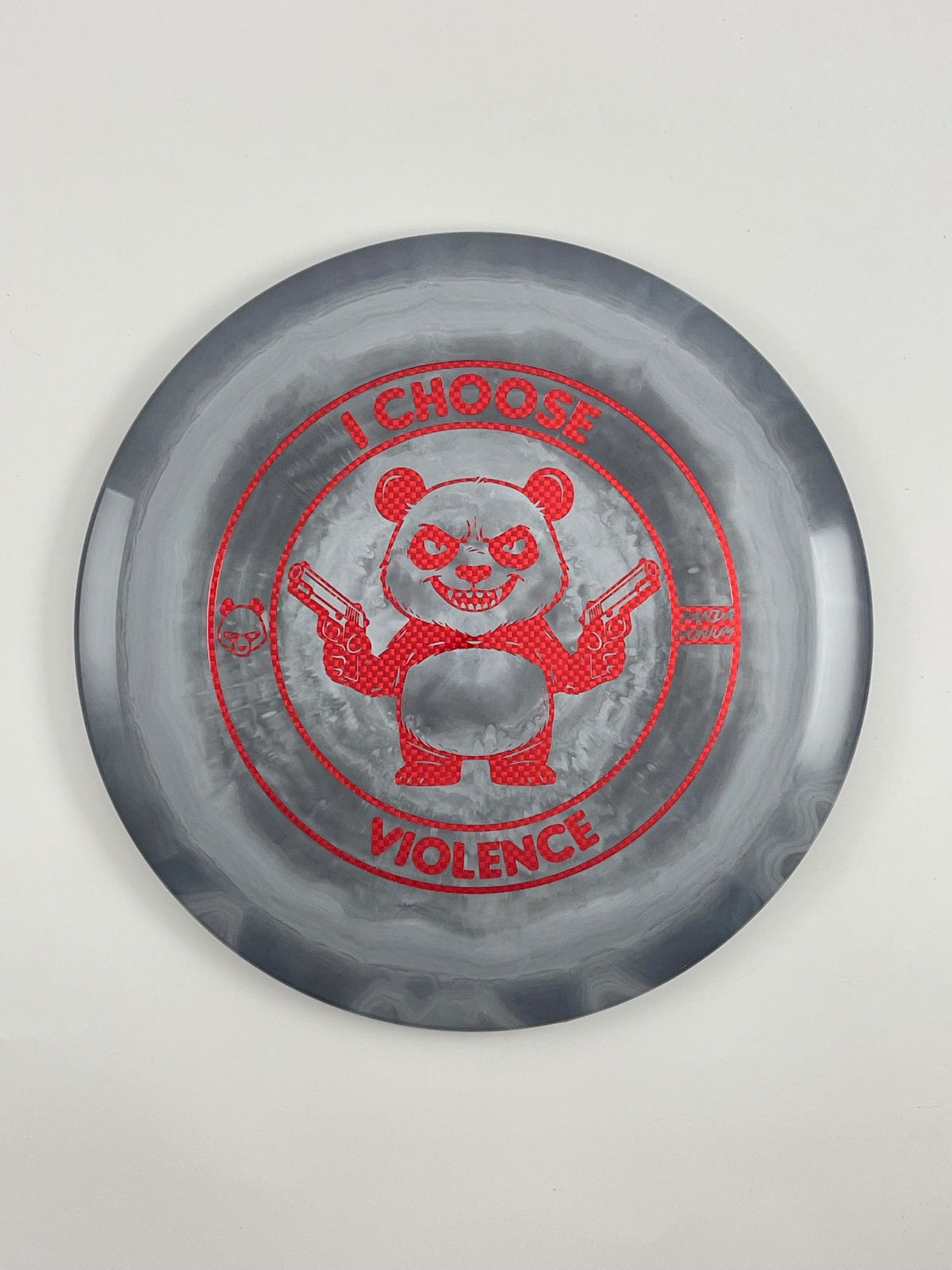 Discraft Cigarra disc golf fairway driver in gray ESP plastic with Pandamonium I Choose Violence stamp