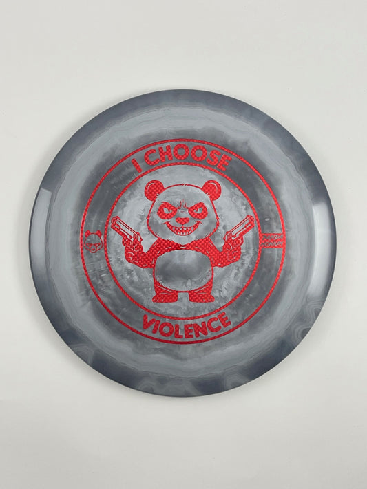 Discraft Cigarra disc golf fairway driver in gray ESP plastic with Pandamonium I Choose Violence stamp