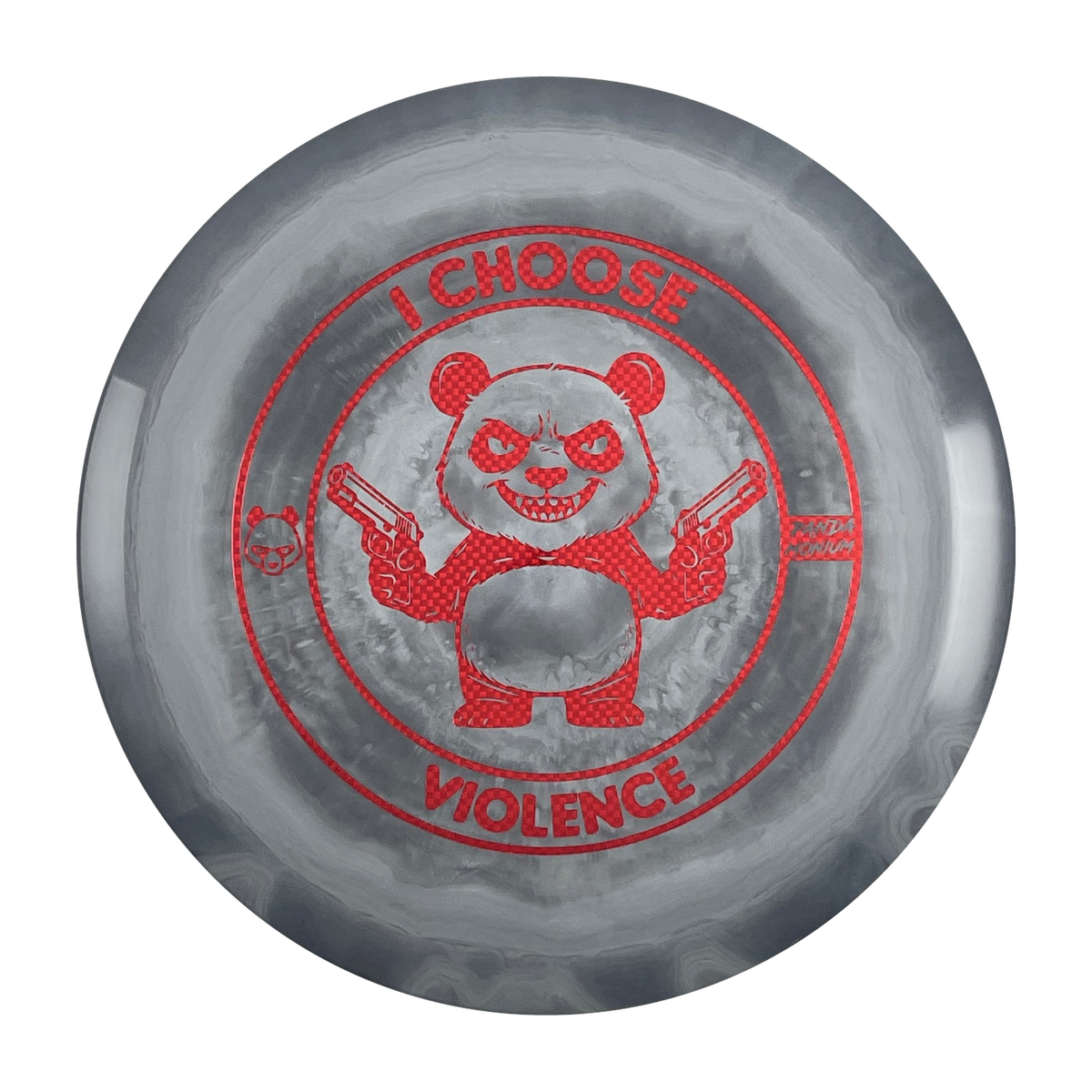 Discraft Cigarra disc golf fairway driver in gray ESP plastic with Pandamonium I Choose Violence stamp, view 1