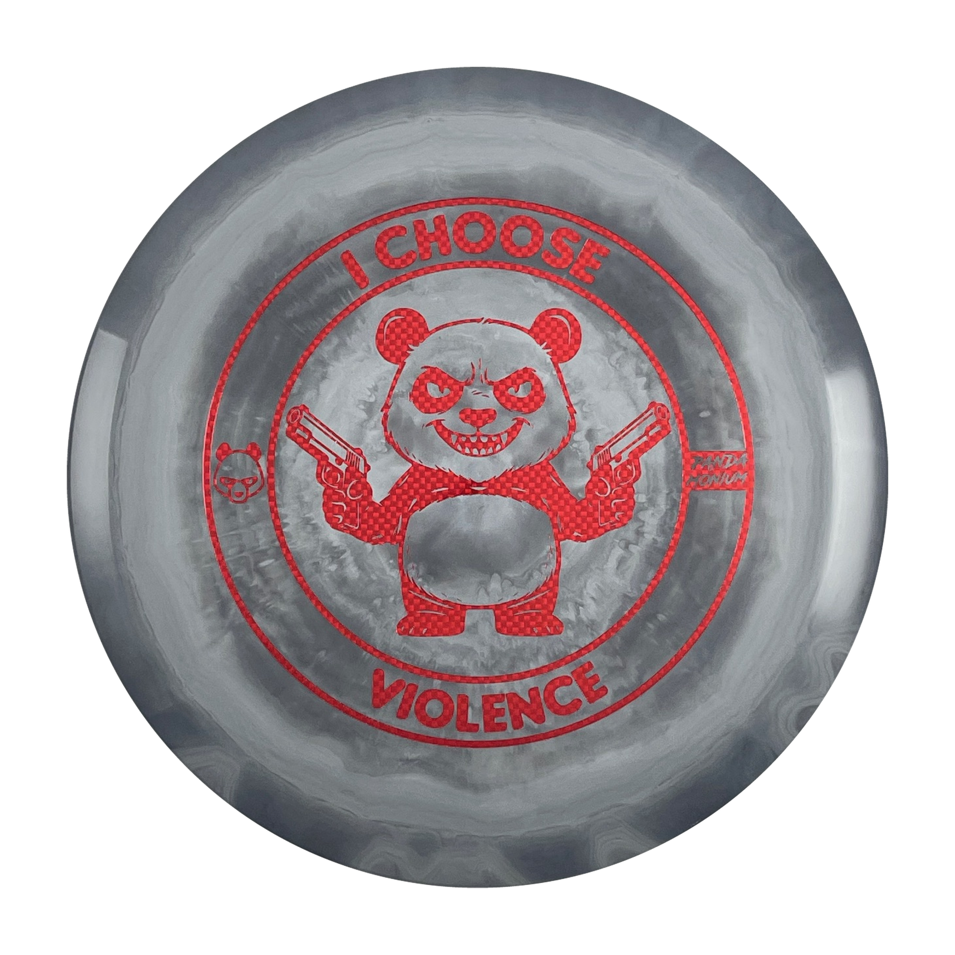 Discraft Cigarra disc golf fairway driver in gray ESP plastic with Pandamonium I Choose Violence stamp, view 1