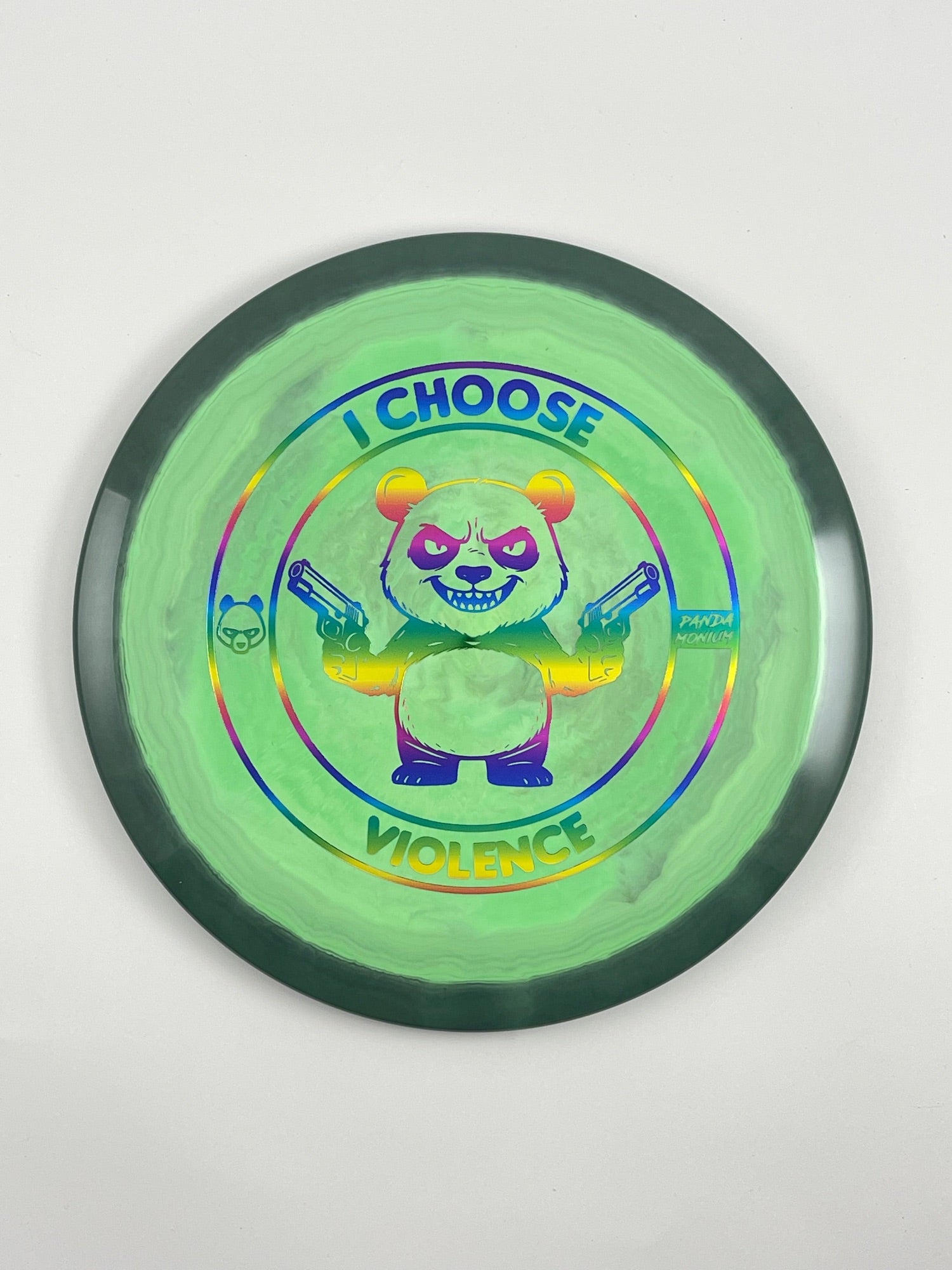 Discraft Cigarra disc golf fairway driver in green ESP plastic with Pandamonium I Choose Violence stamp