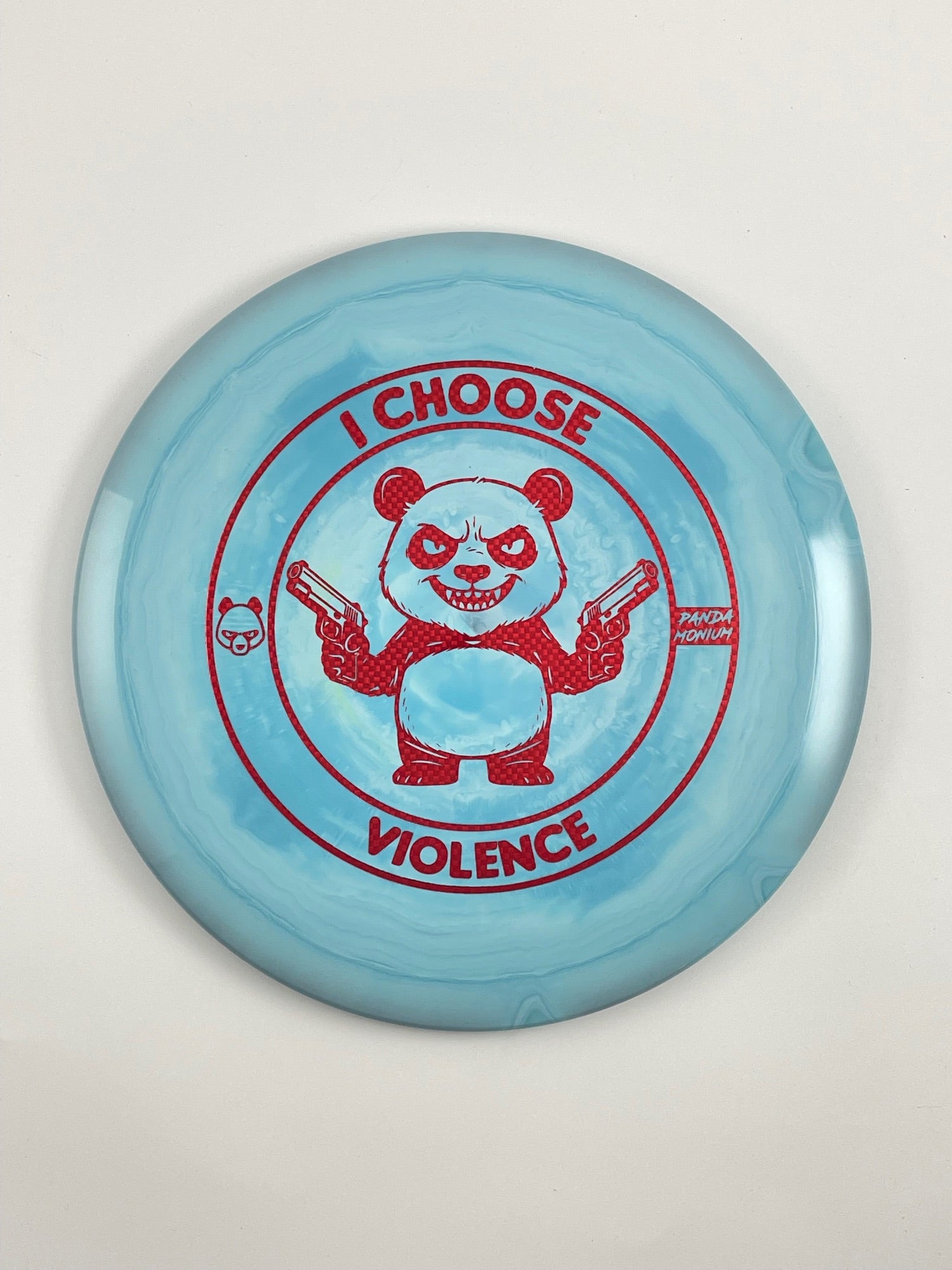 Discraft Cigarra disc golf fairway driver in light blue ESP plastic with Pandamonium I Choose Violence stamp