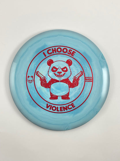 Discraft Cigarra disc golf fairway driver in light blue ESP plastic with Pandamonium I Choose Violence stamp