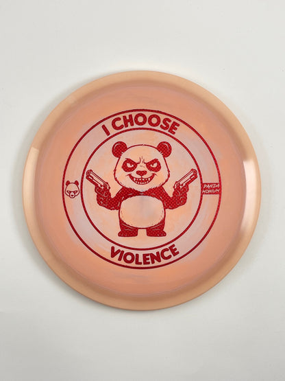 Discraft Cigarra disc golf fairway driver in peach ESP plastic with Pandamonium I Choose Violence stamp