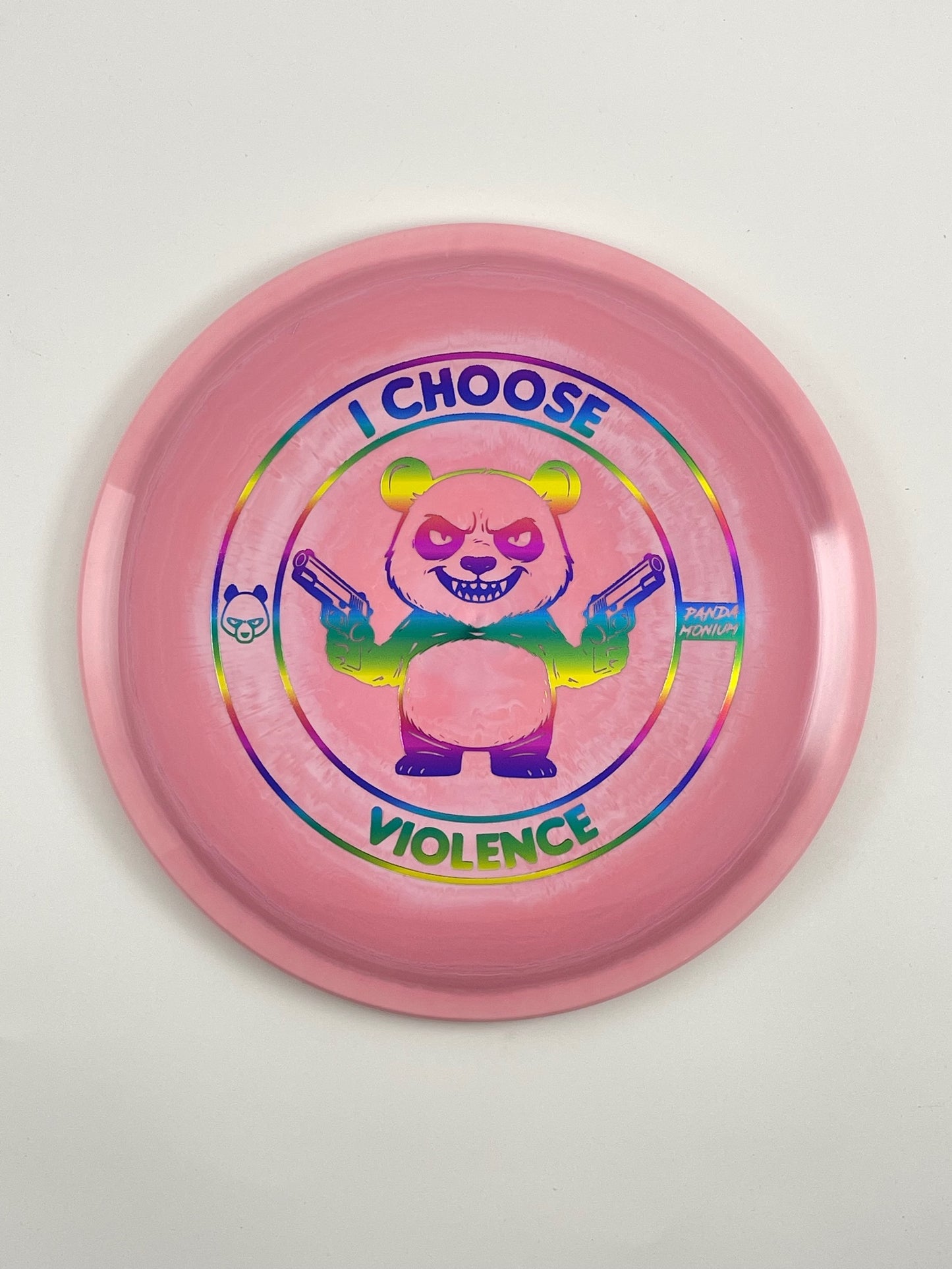 Discraft Cigarra disc golf fairway driver in pink swirl ESP plastic with Pandamonium I Choose Violence stamp