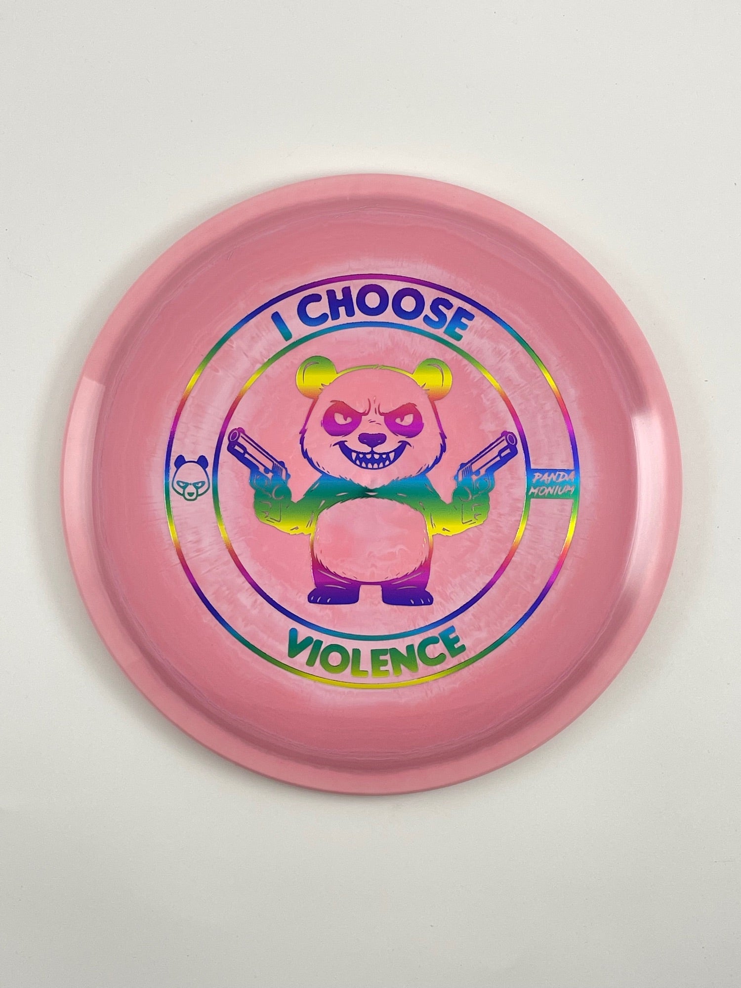 Discraft Cigarra disc golf fairway driver in pink swirl ESP plastic with Pandamonium I Choose Violence stamp