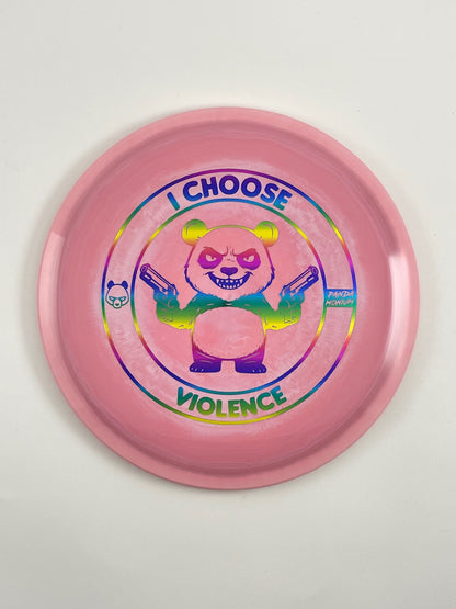 Discraft Cigarra disc golf fairway driver in pink swirl ESP plastic with Pandamonium I Choose Violence stamp