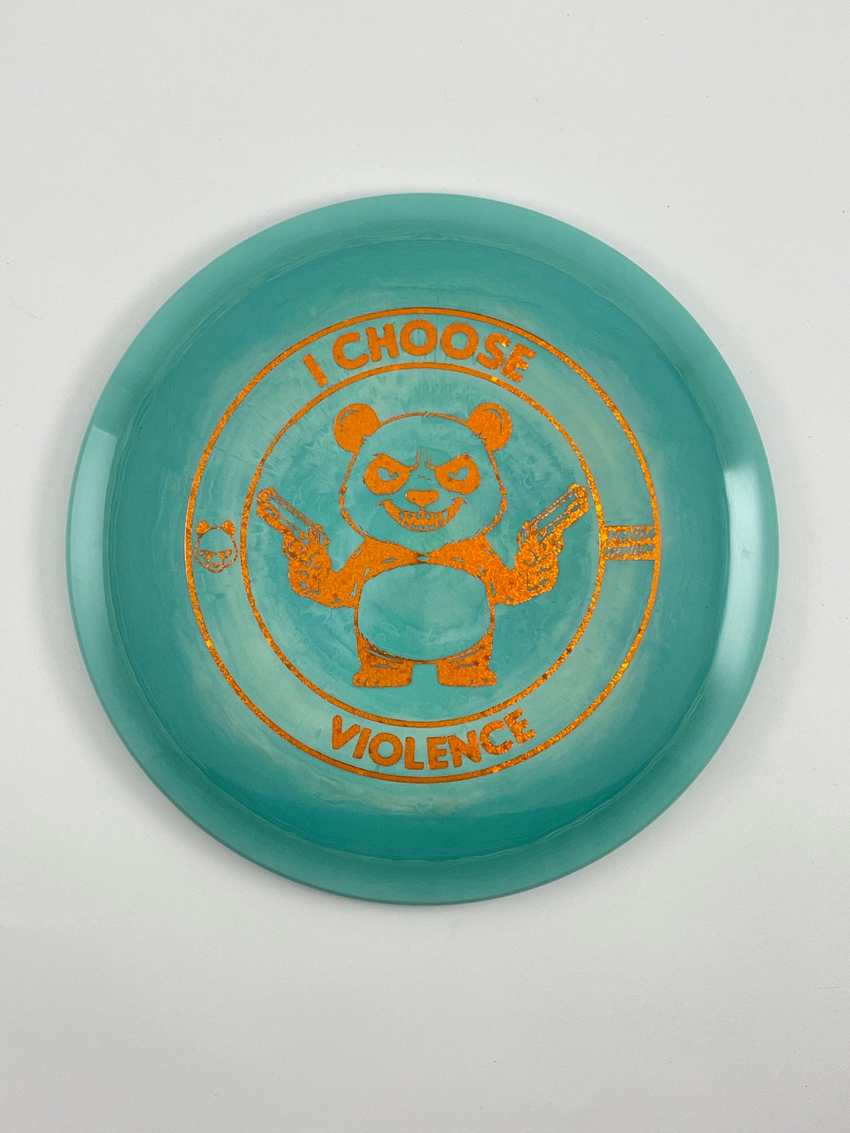 Discraft Cigarra disc golf fairway driver in teal ESP plastic with Pandamonium I Choose Violence stamp