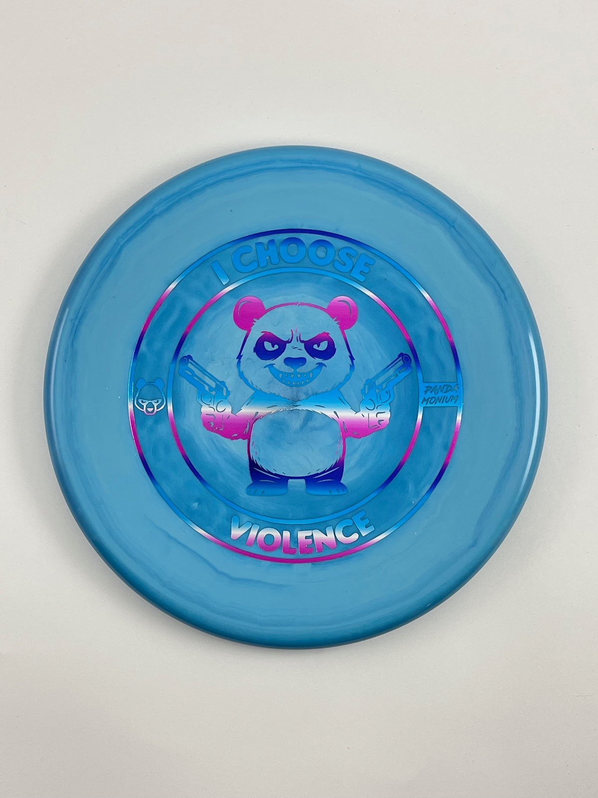 Discraft Zone disc golf putt and approach in blue ESP plastic with Pandamonium I Choose Violence stamp