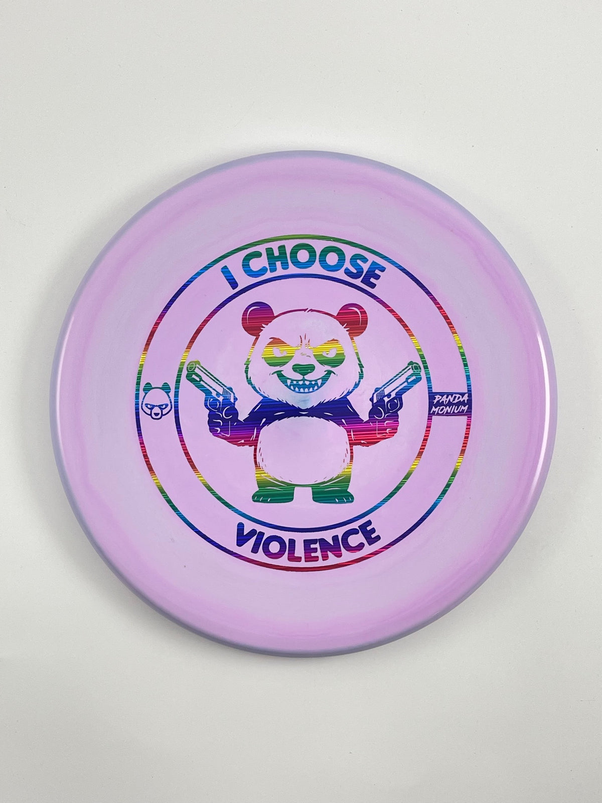Discraft Zone disc golf putt and approach in light pink ESP plastic with Pandamonium I Choose Violence stamp