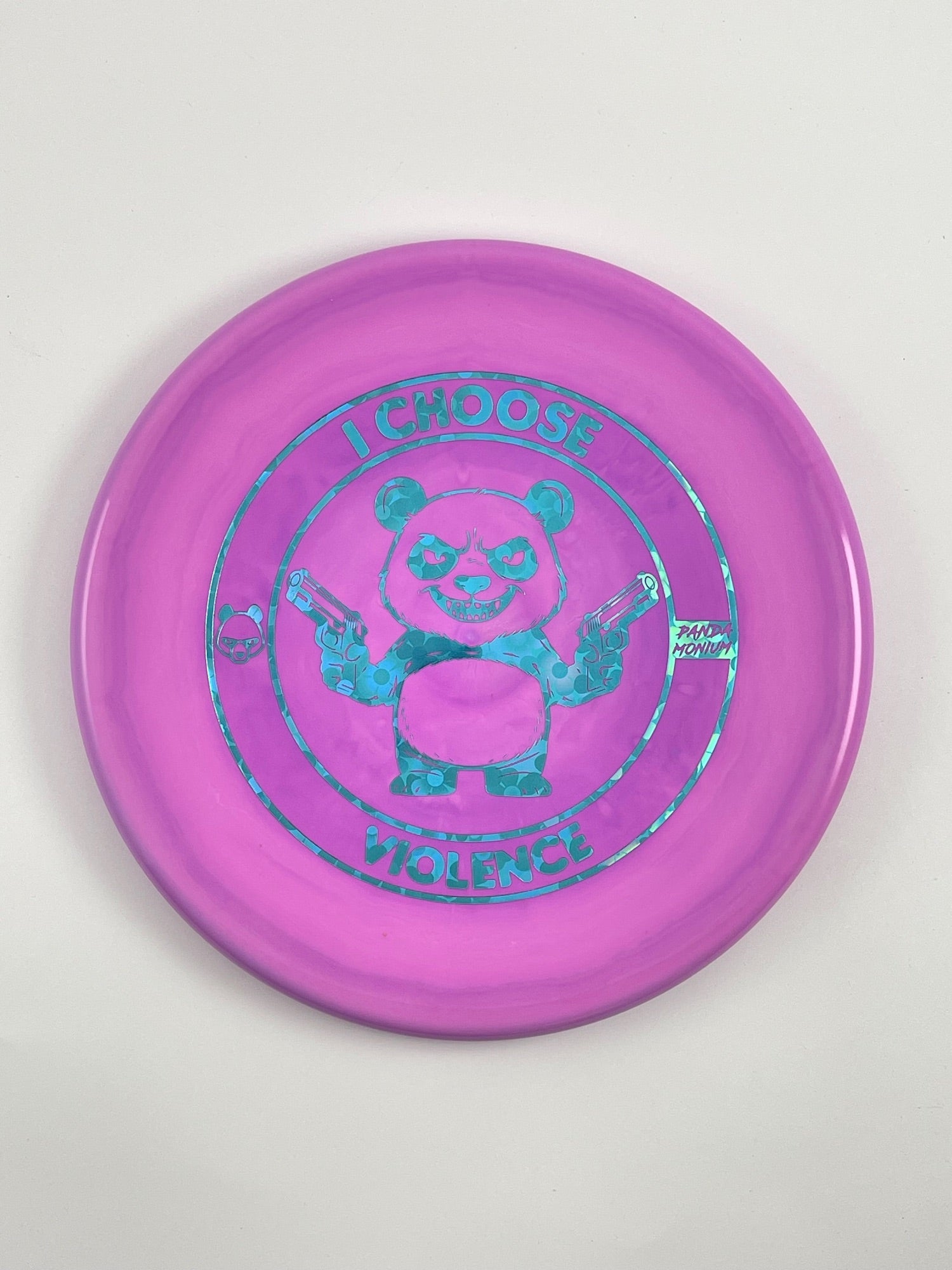 Discraft Zone disc golf putt and approach in magenta ESP plastic with Pandamonium I Choose Violence stamp