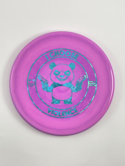 Discraft Zone disc golf putt and approach in magenta ESP plastic with Pandamonium I Choose Violence stamp