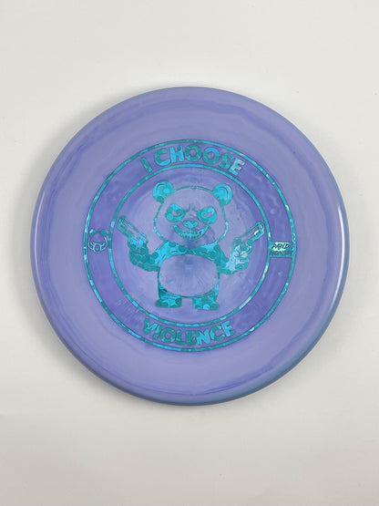 Discraft Zone disc golf putt and approach in periwinkle ESP plastic with Pandamonium I Choose Violence stamp
