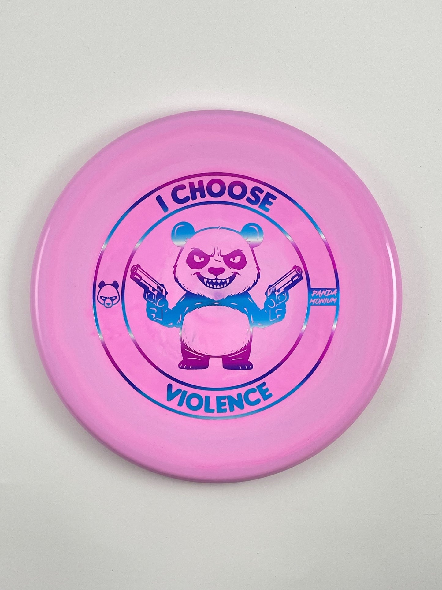 Discraft Zone disc golf putt and approach in pink ESP plastic with Pandamonium I Choose Violence stamp