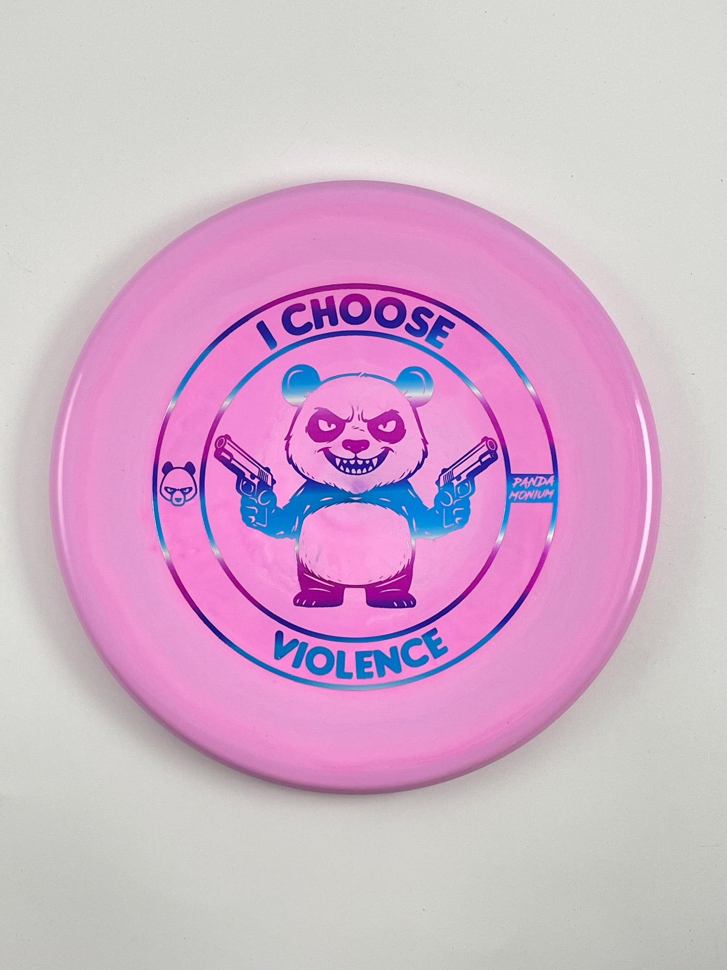 Discraft Zone disc golf putt and approach in pink ESP plastic with Pandamonium I Choose Violence stamp
