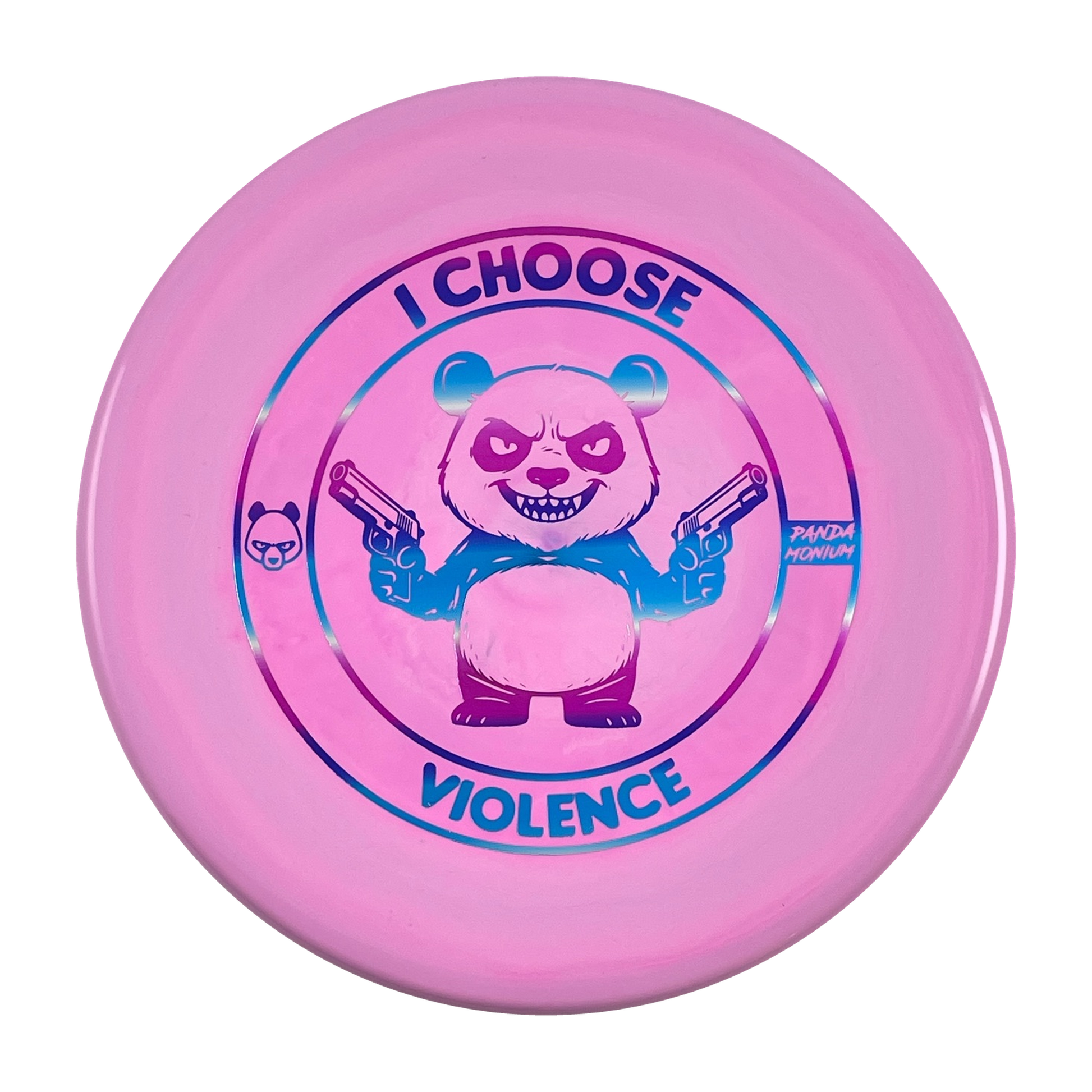 Discraft Zone disc golf putt and approach in pink ESP plastic with Pandamonium I Choose Violence stamp, view 1