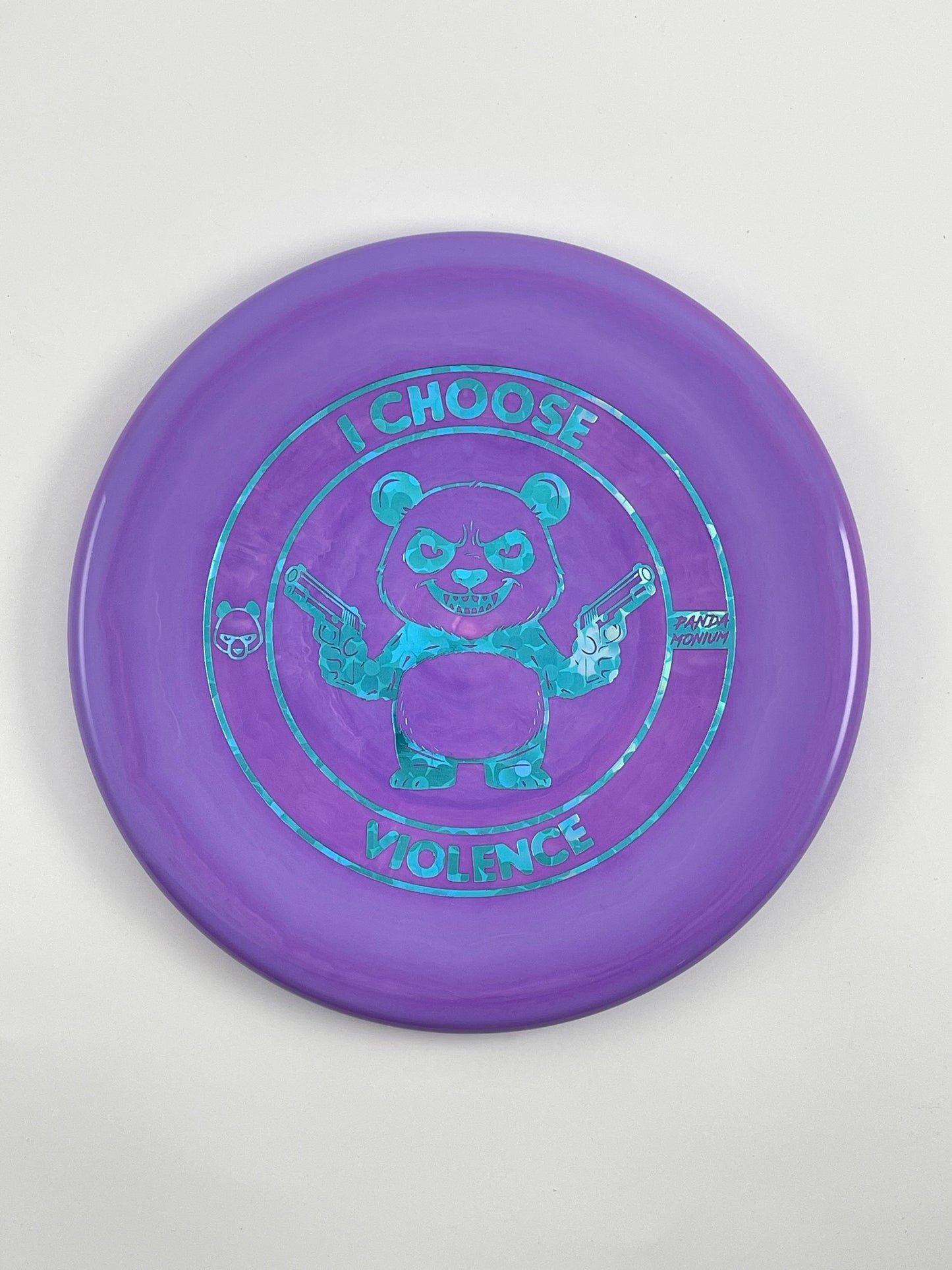 Discraft Zone disc golf putt and approach in purple ESP plastic with Pandamonium I Choose Violence stamp