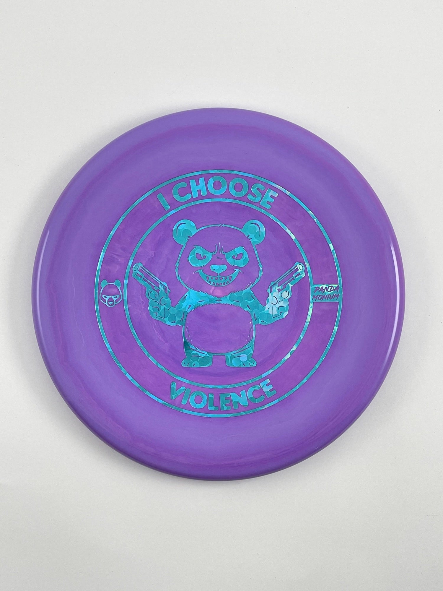 Discraft Zone disc golf putt and approach in purple ESP plastic with Pandamonium I Choose Violence stamp