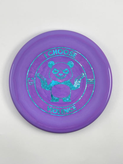 Discraft Zone disc golf putt and approach in purple ESP plastic with Pandamonium I Choose Violence stamp