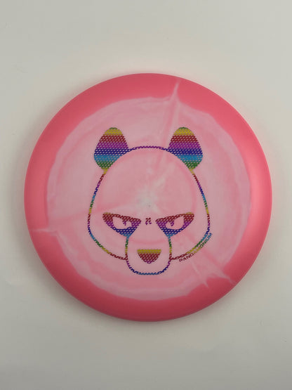 Innova Aviar disc golf putt and approach in pink and white Halo Star plastic with Pandamonium Big Panda stamp