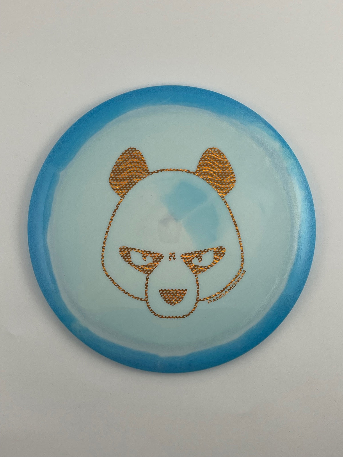 Innova Destroyer disc golf distance driver in blue and light blue Halo Star plastic with Pandamonium Big Panda stamp