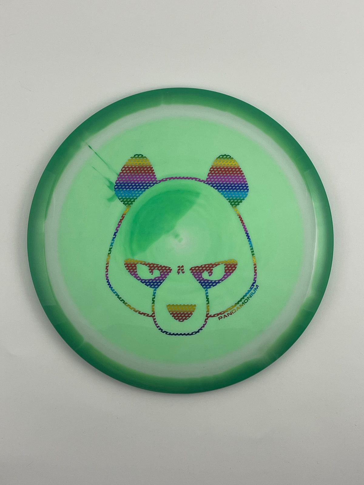 Innova Destroyer disc golf distance driver in green and light green Halo Star plastic with Pandamonium Big Panda stamp