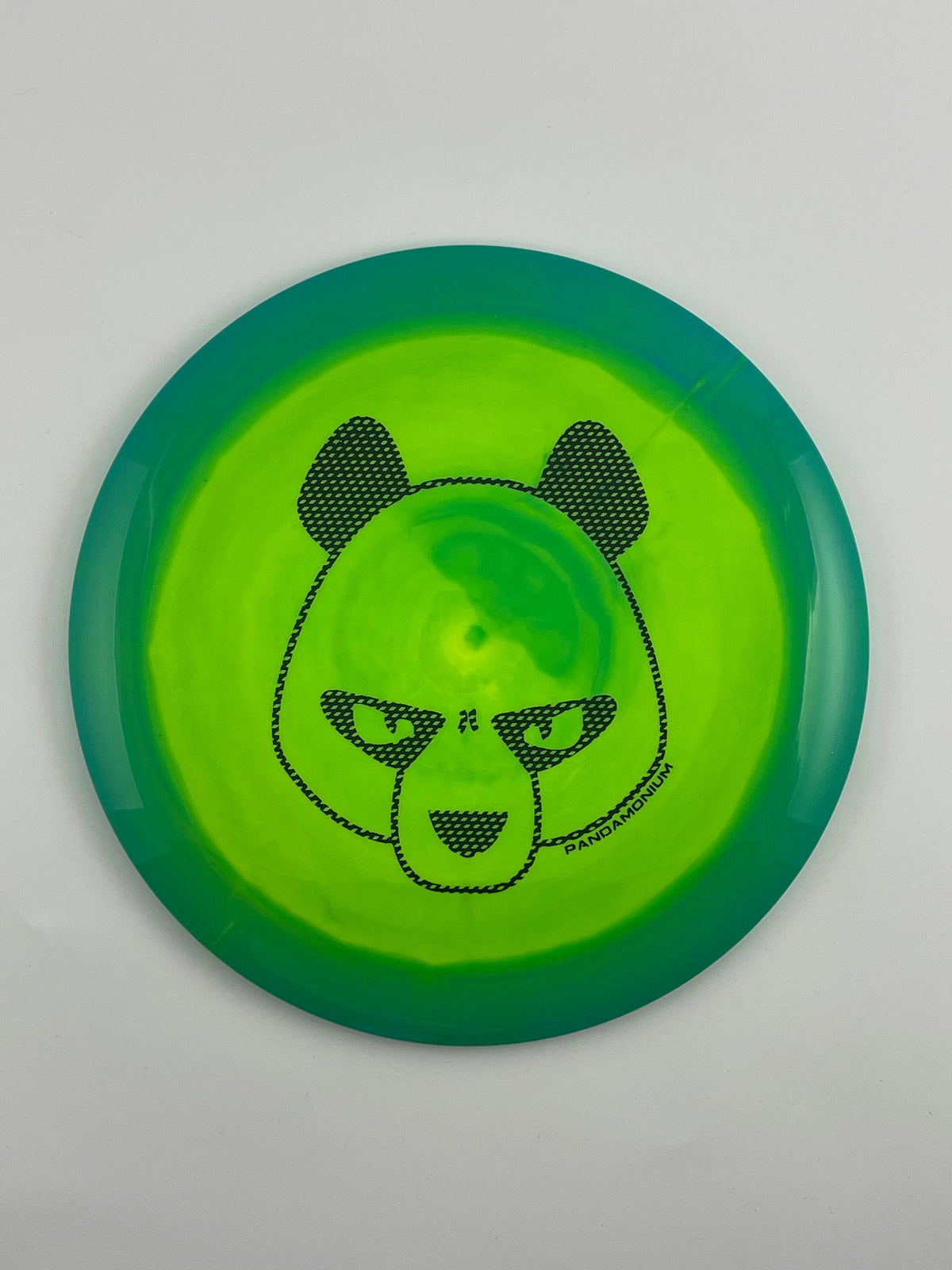 Innova Destroyer disc golf distance driver in green and lime Halo Star plastic with Pandamonium Big Panda stamp