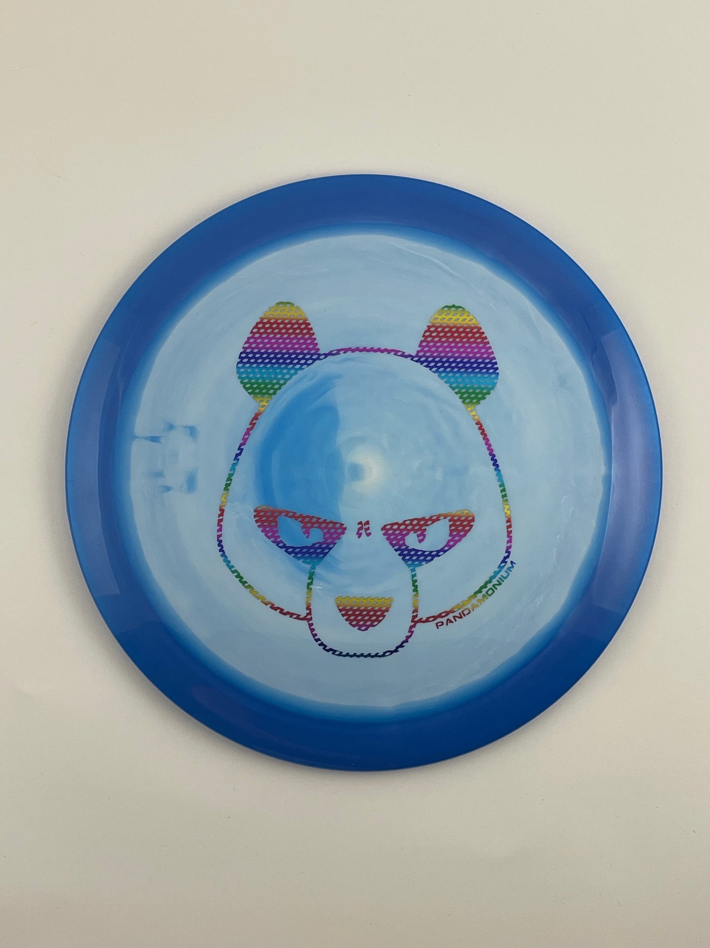 Innova Destroyer disc golf distance driver in navy and light blue Halo Star plastic with Pandamonium Big Panda stamp