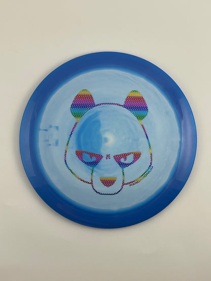 Innova Destroyer disc golf distance driver in navy and light blue Halo Star plastic with Pandamonium Big Panda stamp