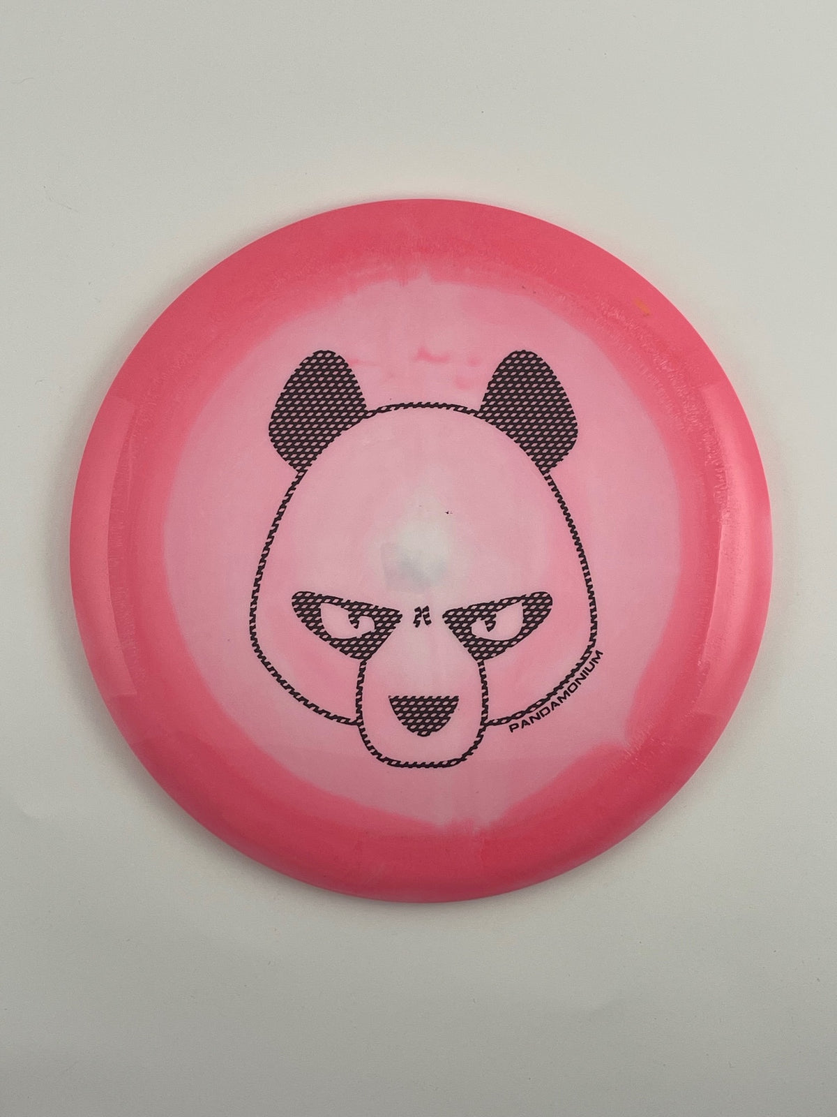 Innova Destroyer disc golf distance driver in pink and light pink Halo Star plastic with Pandamonium Big Panda stamp