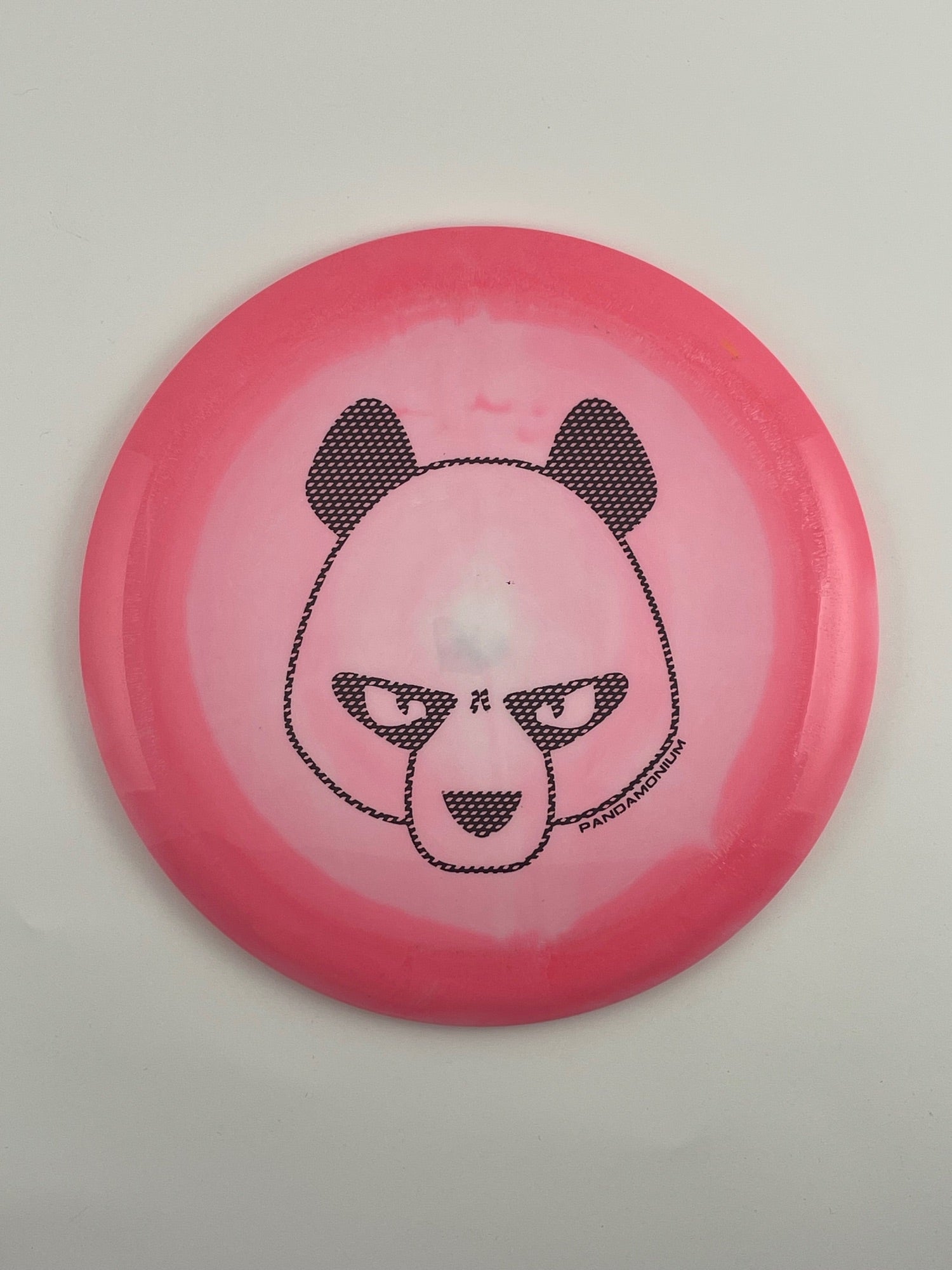 Innova Destroyer disc golf distance driver in pink and light pink Halo Star plastic with Pandamonium Big Panda stamp