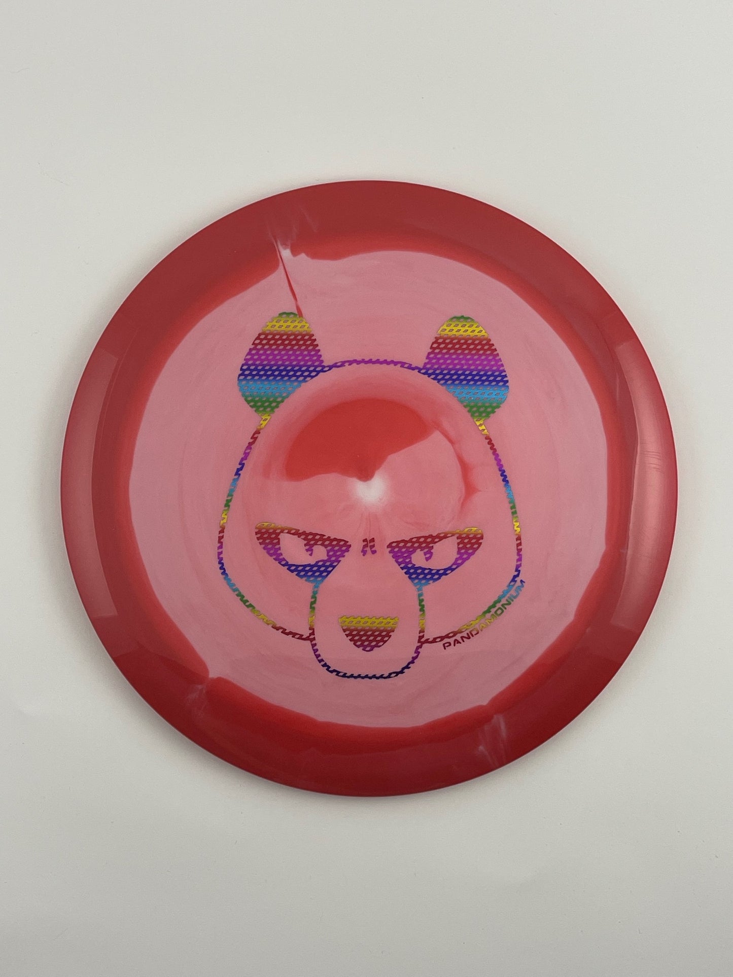 Innova Destroyer disc golf distance driver in red and white Halo Star plastic with Pandamonium Big Panda stamp