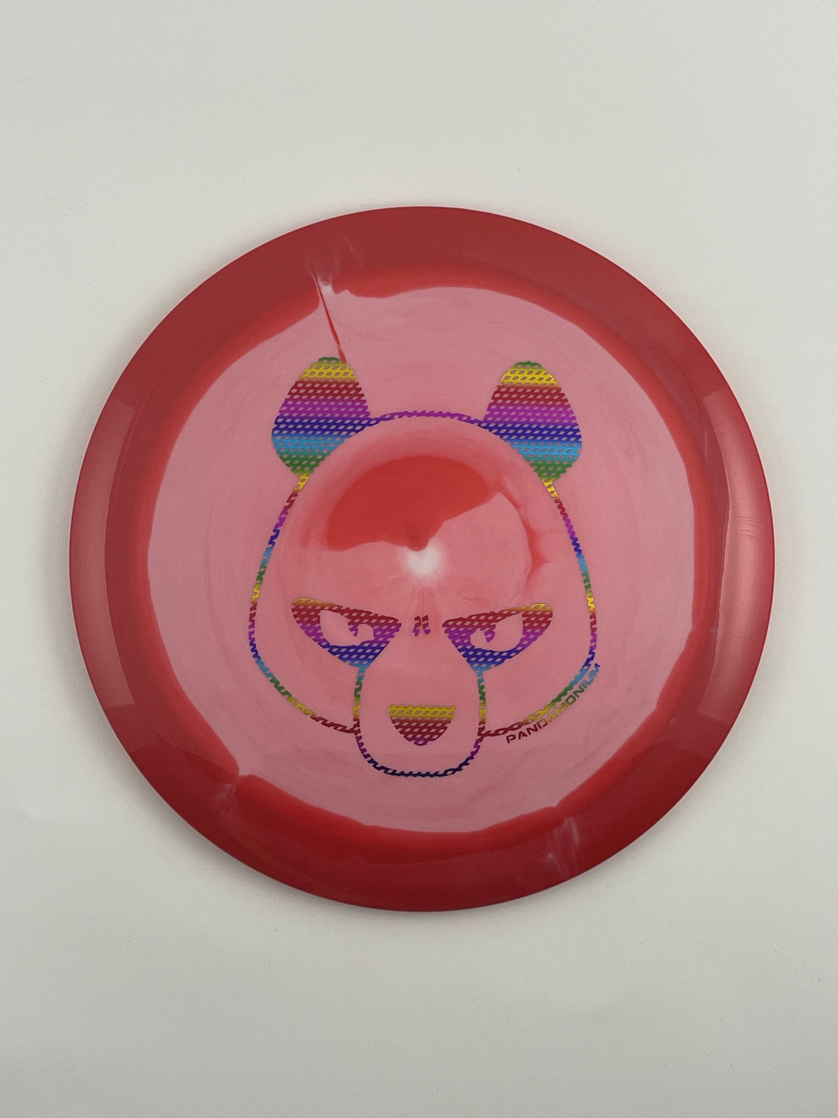 Innova Destroyer disc golf distance driver in red and white Halo Star plastic with Pandamonium Big Panda stamp