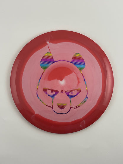 Innova Destroyer disc golf distance driver in red and white Halo Star plastic with Pandamonium Big Panda stamp
