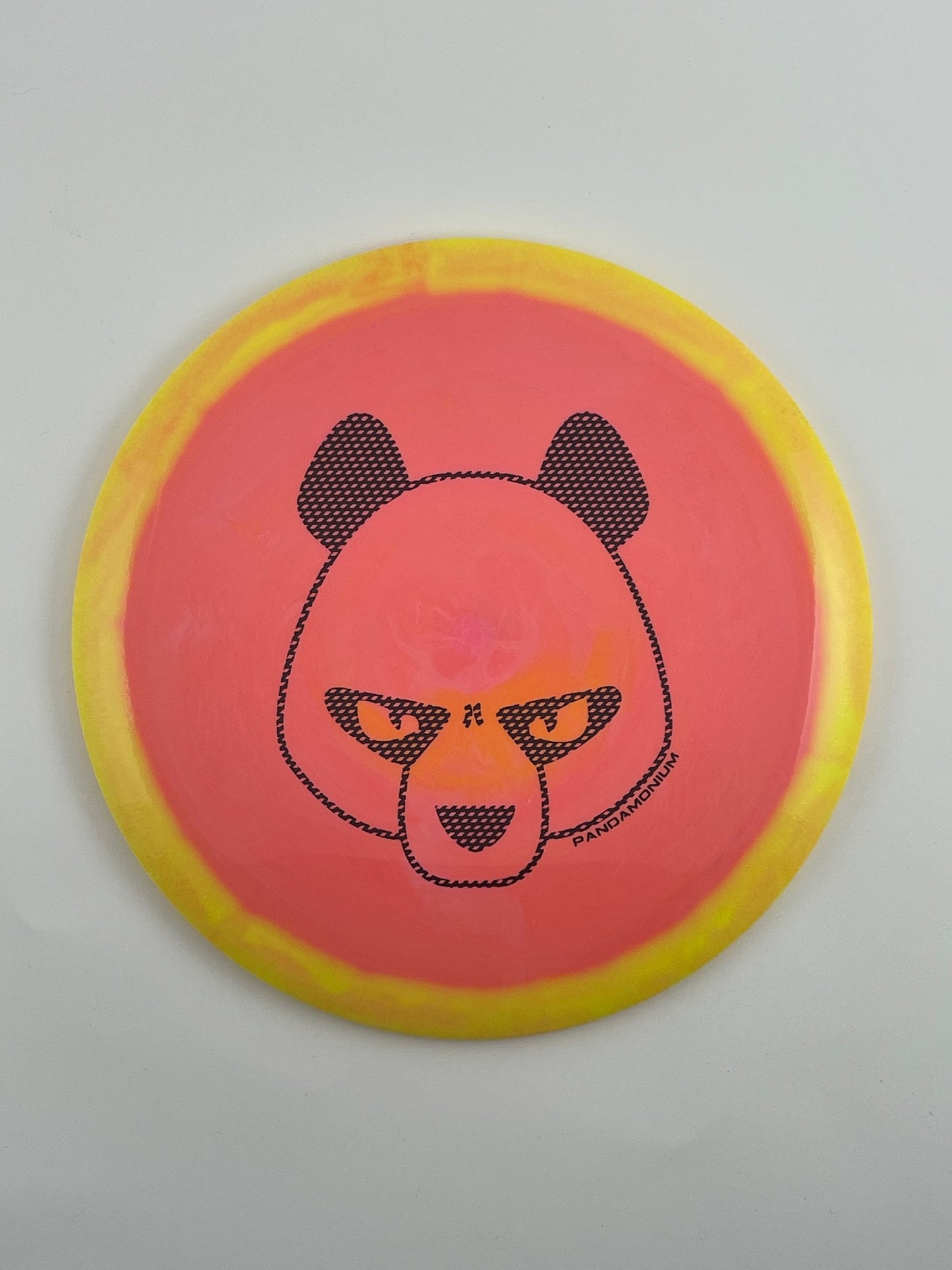 Innova Destroyer disc golf distance driver in strawberry banana Halo Star plastic with Pandamonium Big Panda stamp