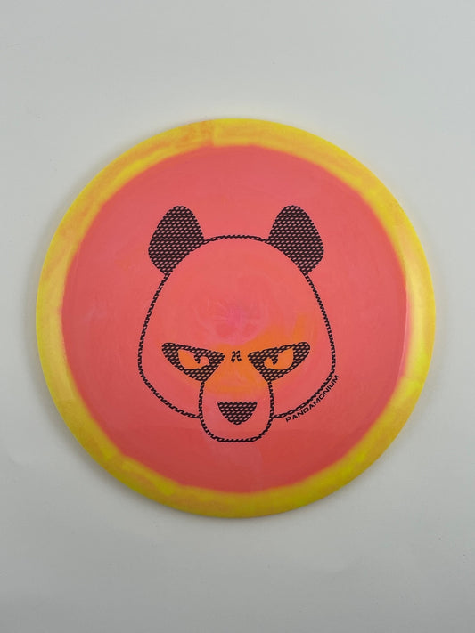 Innova Destroyer disc golf distance driver in strawberry banana Halo Star plastic with Pandamonium Big Panda stamp