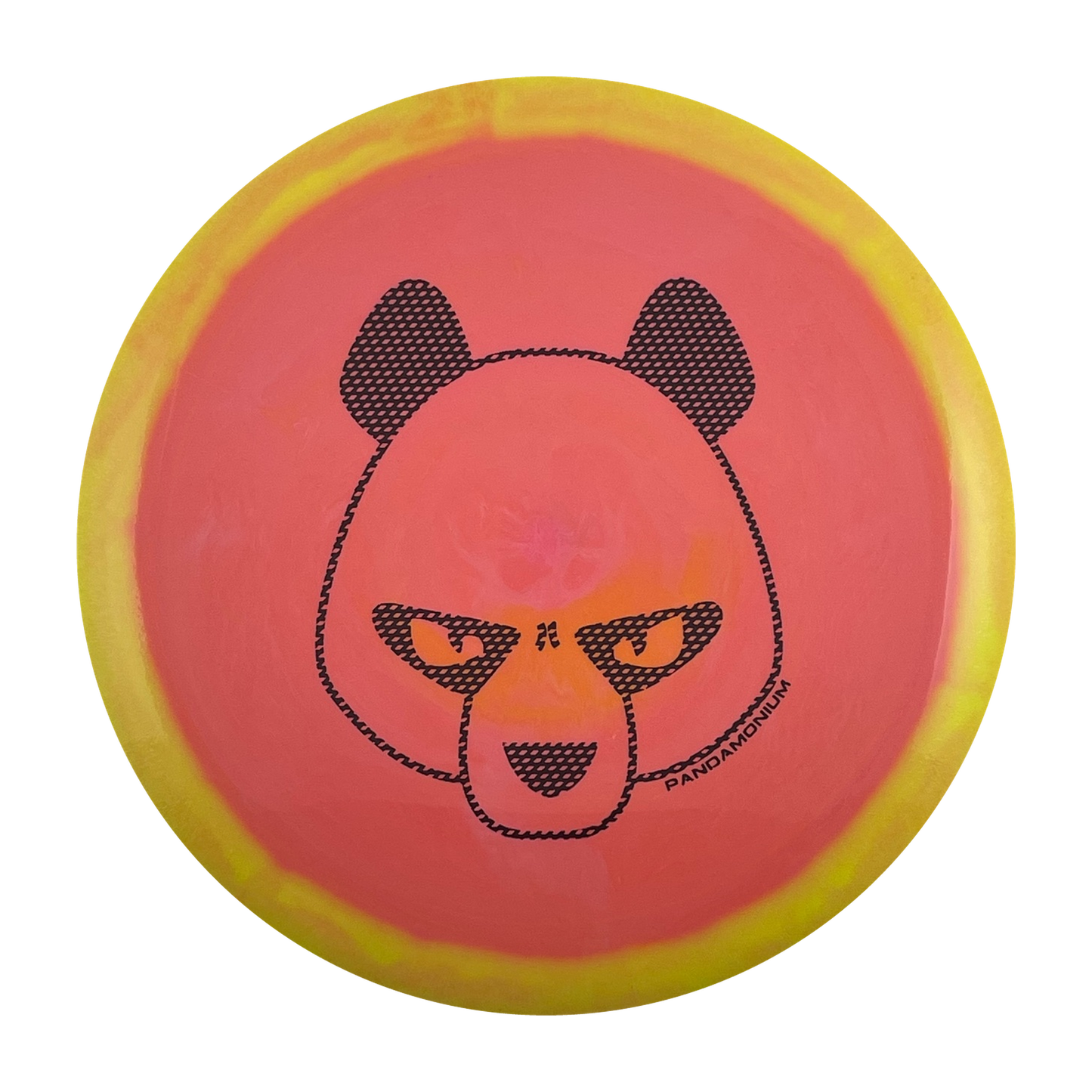 Innova Destroyer disc golf distance driver in strawberry banana Halo Star plastic with Pandamonium Big Panda stamp, view 1