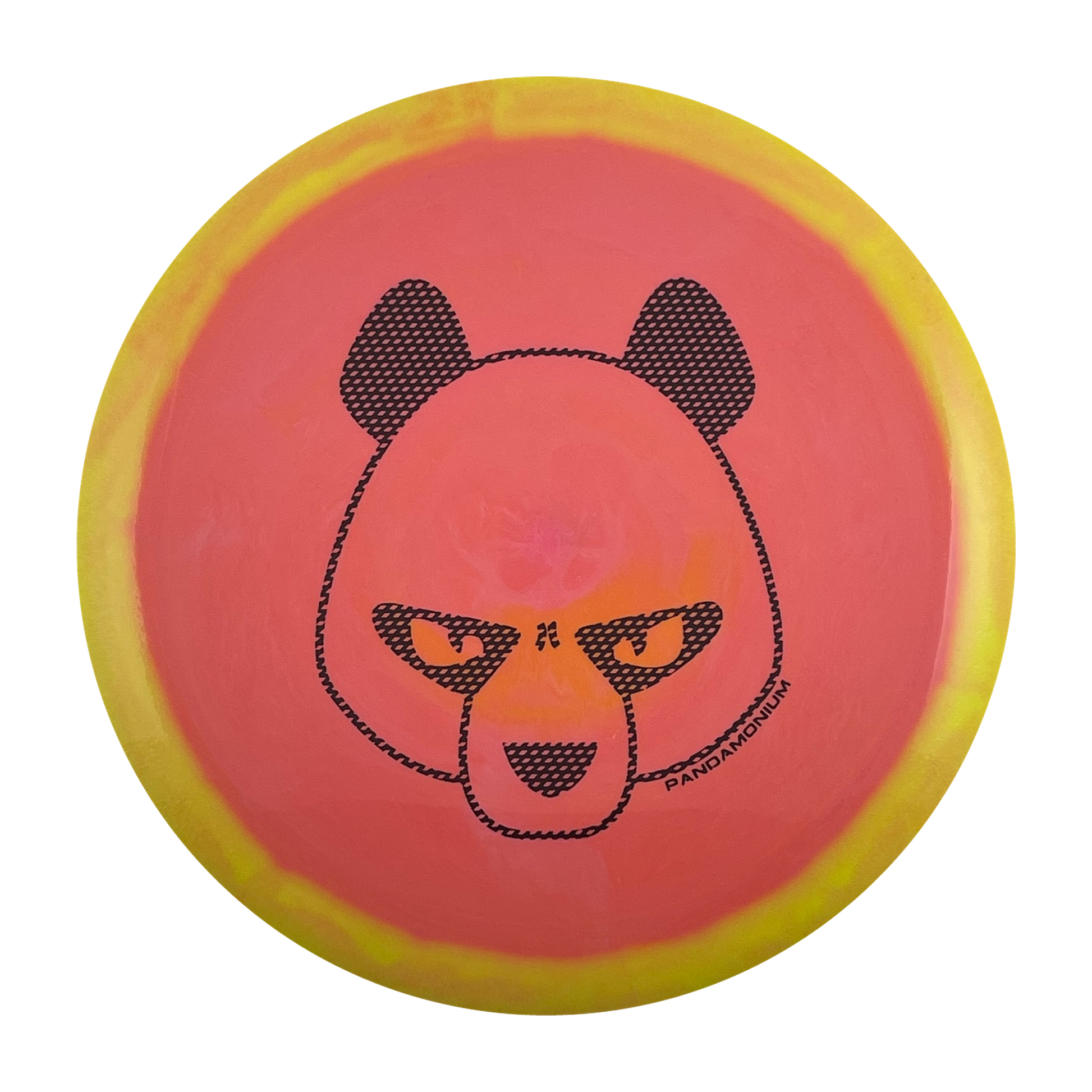 Innova Destroyer disc golf distance driver in strawberry banana Halo Star plastic with Pandamonium Big Panda stamp, view 1