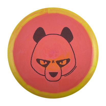 Innova Destroyer disc golf distance driver in strawberry banana Halo Star plastic with Pandamonium Big Panda stamp, view 1