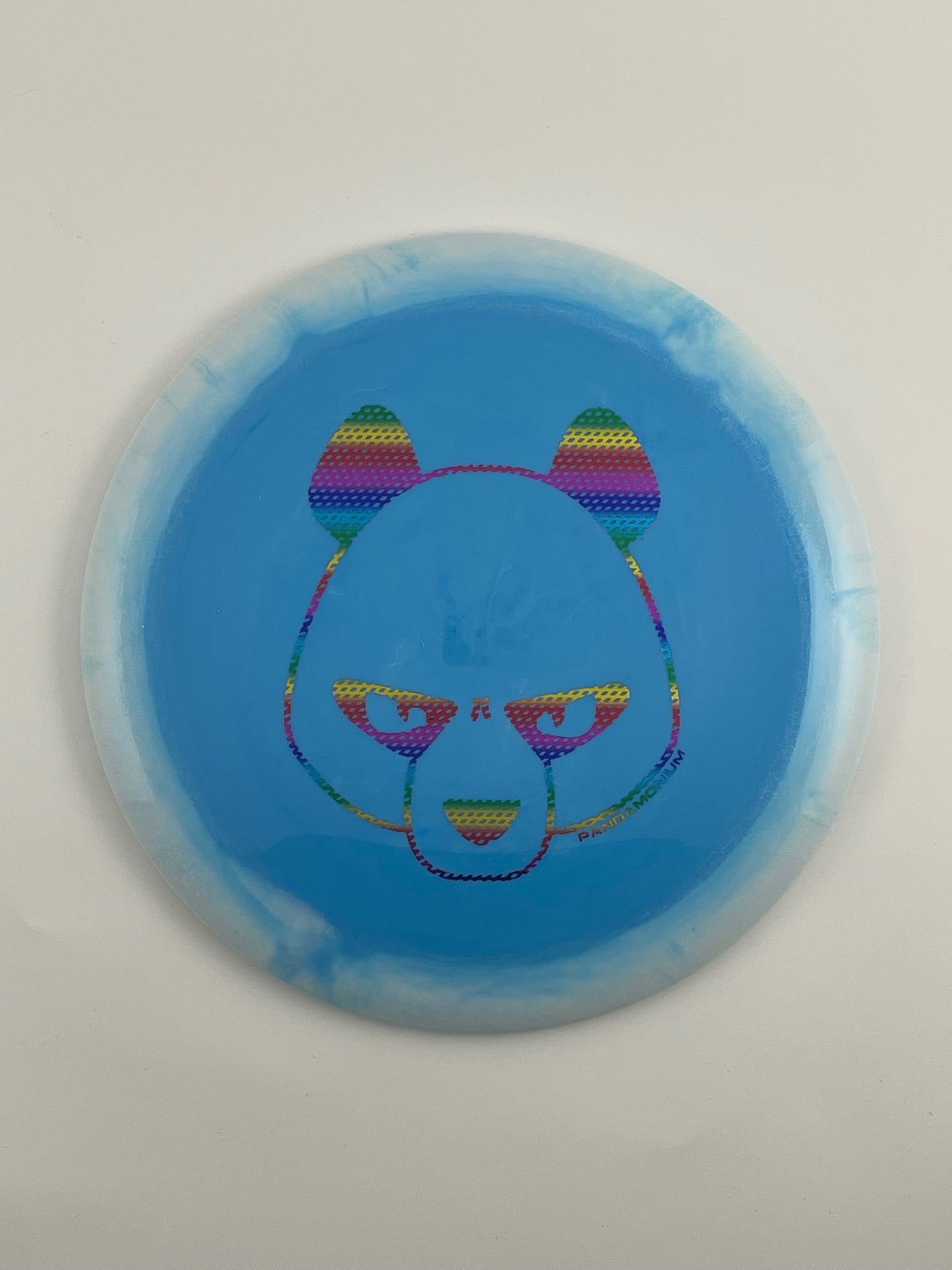 Innova Destroyer disc golf distance driver in white and blue Halo Star plastic with Pandamonium Big Panda stamp