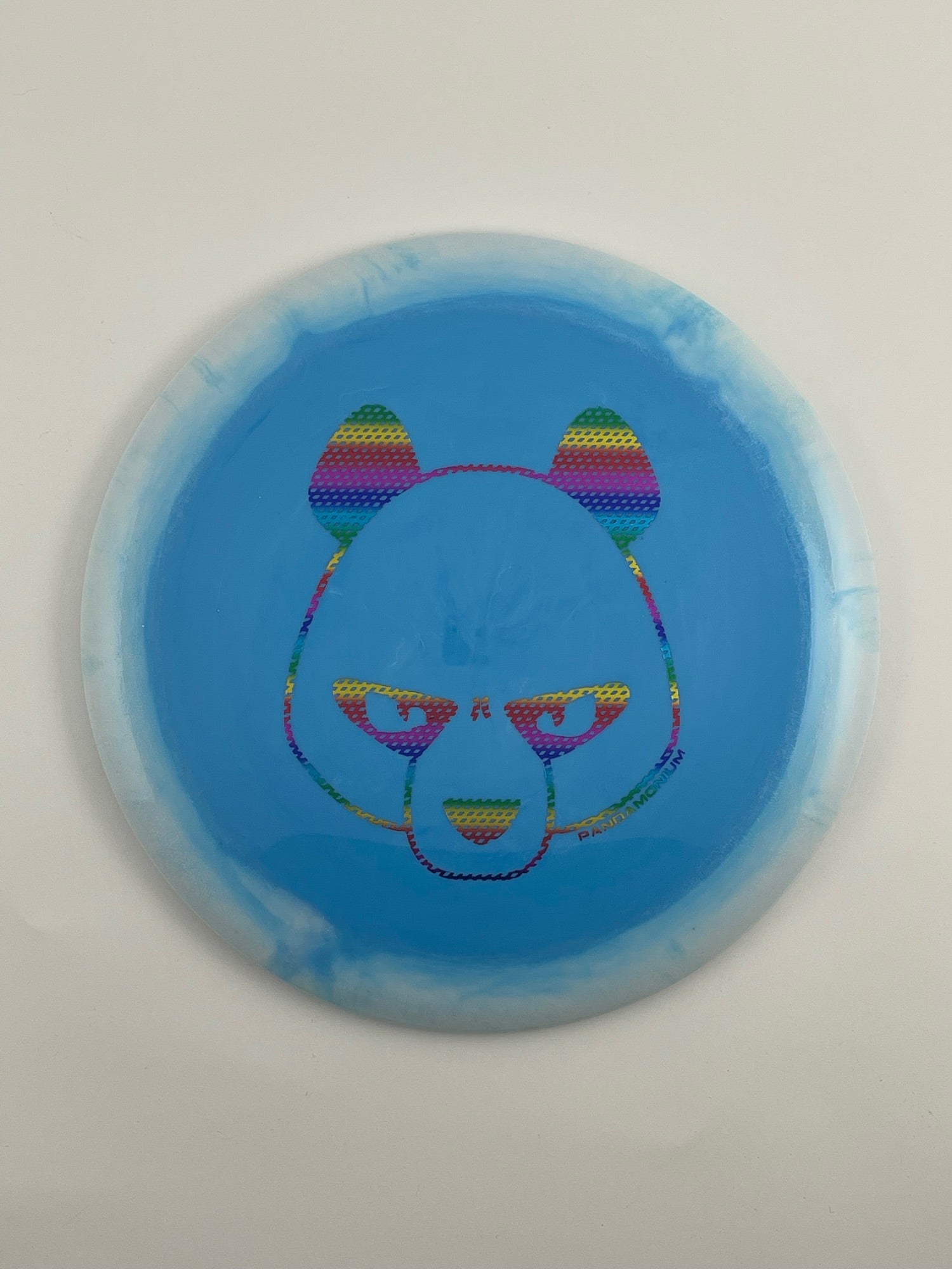 Innova Destroyer disc golf distance driver in white and blue Halo Star plastic with Pandamonium Big Panda stamp
