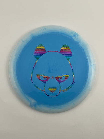 Innova Destroyer disc golf distance driver in white and blue Halo Star plastic with Pandamonium Big Panda stamp
