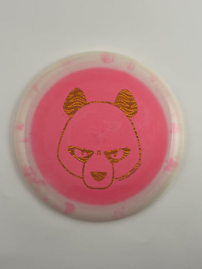 Innova Destroyer disc golf distance driver in white and pink Halo Star plastic with Pandamonium Big Panda stamp