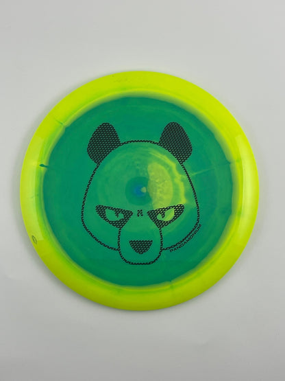 Innova Destroyer disc golf distance driver in yellow and green Halo Star plastic with Pandamonium Big Panda stamp